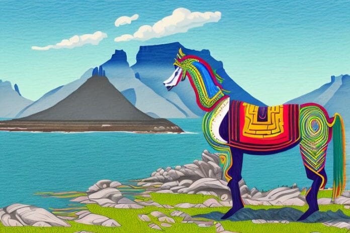 An azteca horse in a scenic landscape of simon's town