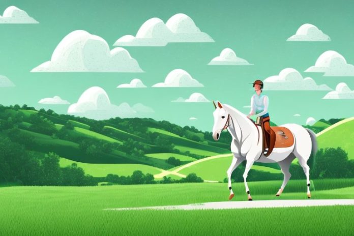 A horse and rider in a rural landscape