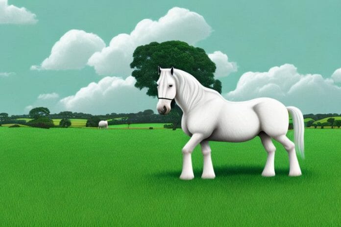 A shire horse grazing in a lush green landscape in richards bay