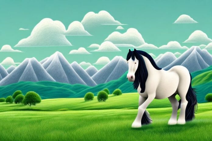 A shire horse in a grassy landscape with mountains in the background