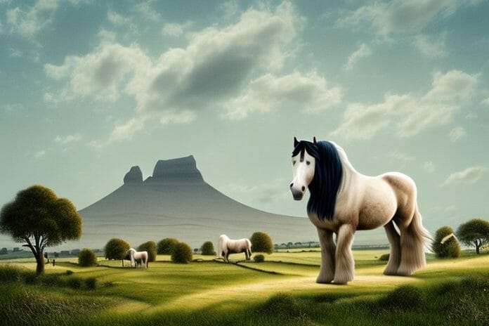 A shire horse in a rural landscape in north west