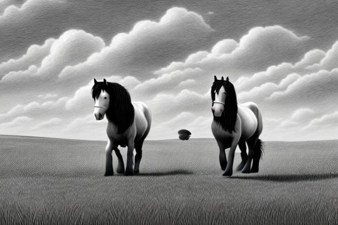 A shire horse in a field in orkney