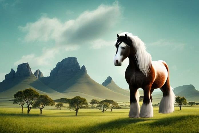 A majestic shire horse standing in a rural landscape in the western cape