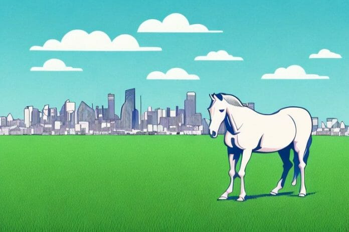 A horse in a field with the durban skyline in the background