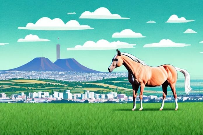 A horse in a field with a view of newcastle