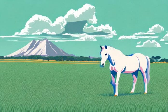 A horse in a field with a backdrop of richards bay