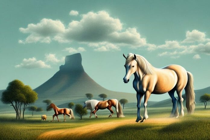 A cob horse in a rural south african landscape