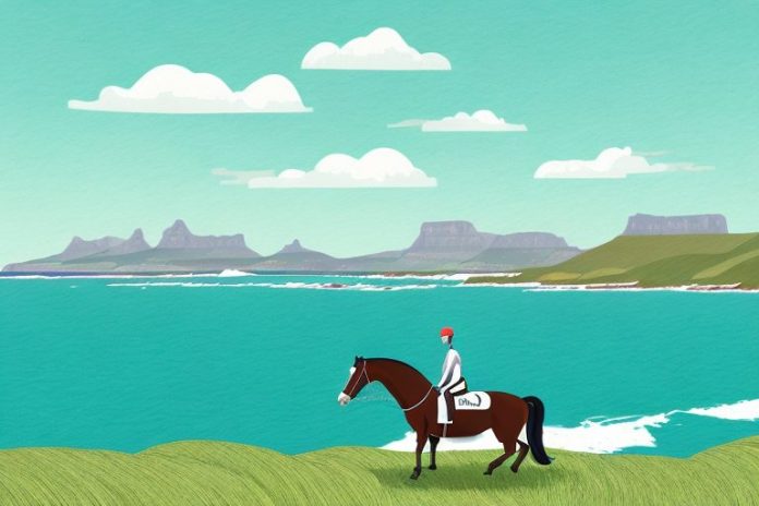A horse and rider in a scenic landscape