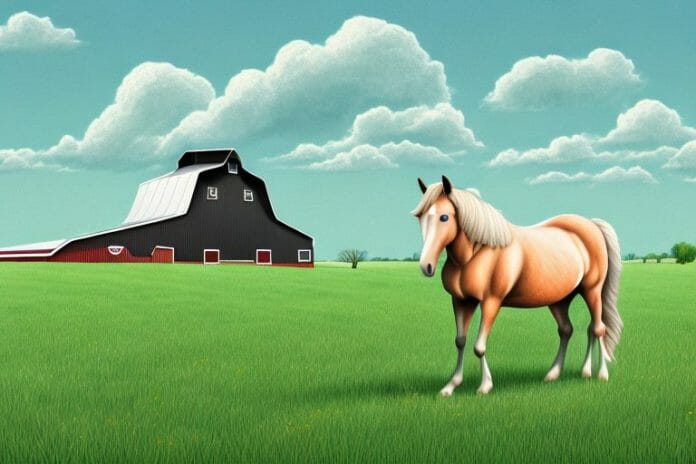 A horse in a field with a barn in the background