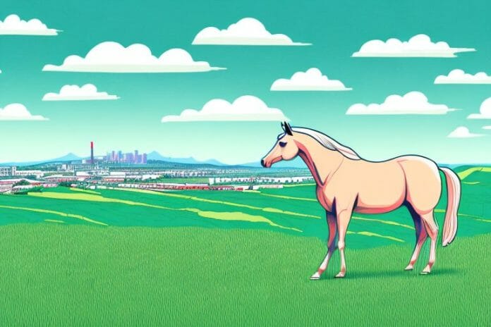 A horse in a field with a view of port elizabeth in the background