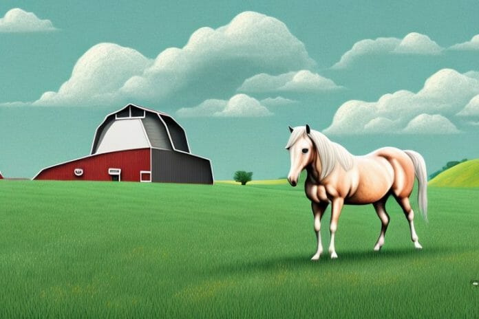 A horse in a field with a barn and rolling hills in the background