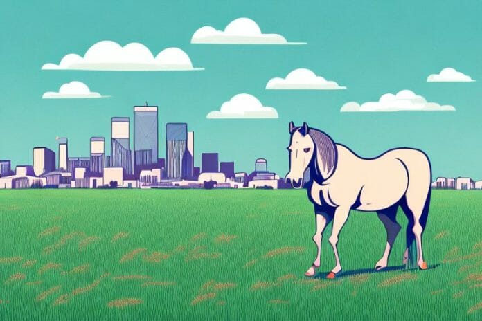 A horse in a field with the bloemfontein skyline in the background