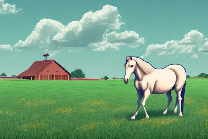 A horse in a field with a stable in the background