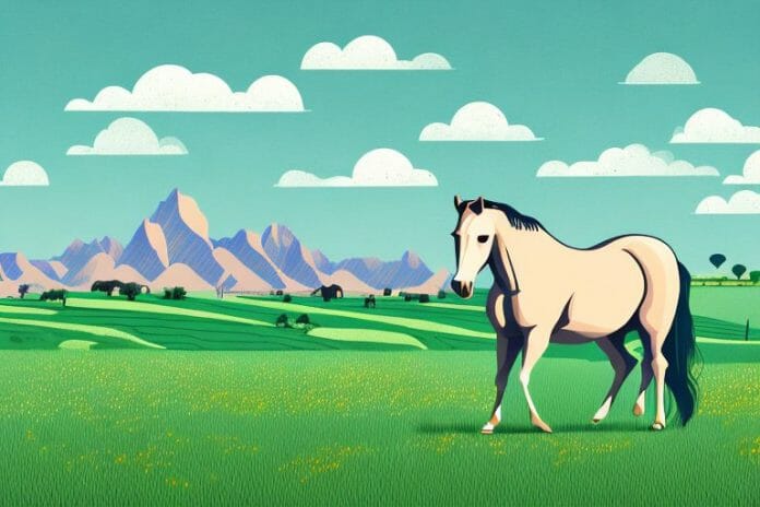 A horse in a field with a gauteng landscape in the background