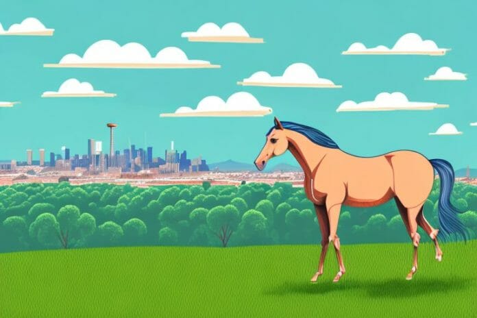 A horse in a field with a view of the city of pretoria in the background