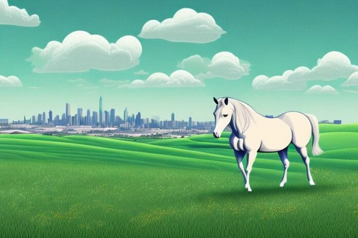 A horse in a field with rolling hills and a distant city skyline