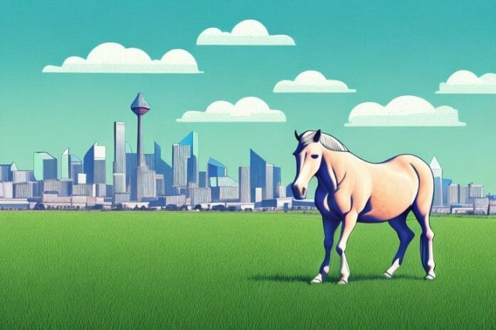 A horse in a field with the midrand skyline in the background
