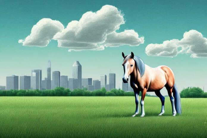 A horse in a field with the kempton park skyline in the background