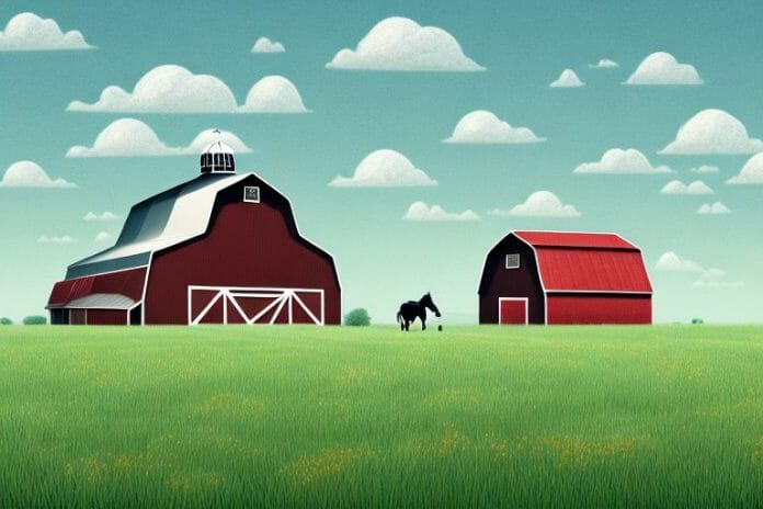 A horse in a field with a barn in the background