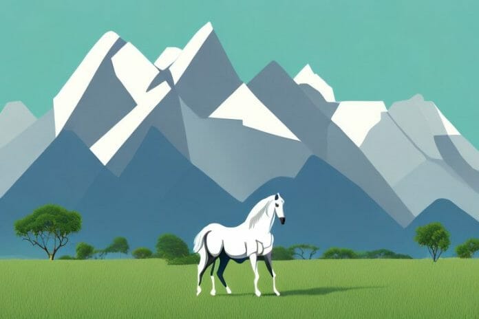 A horse in a field with mountains in the background