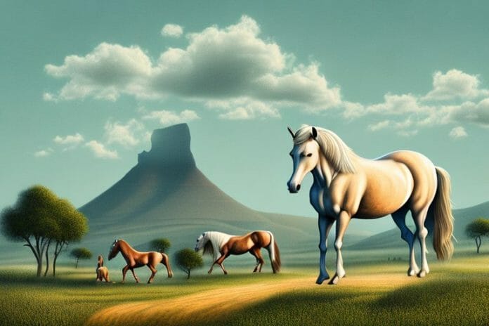 A cob horse in a rural south african landscape