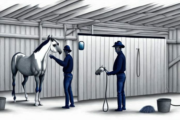 A horse being groomed in a stable at a horse breeder in bela-bela