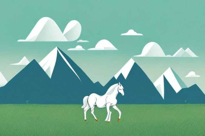 A horse in a field with a mountain range in the background