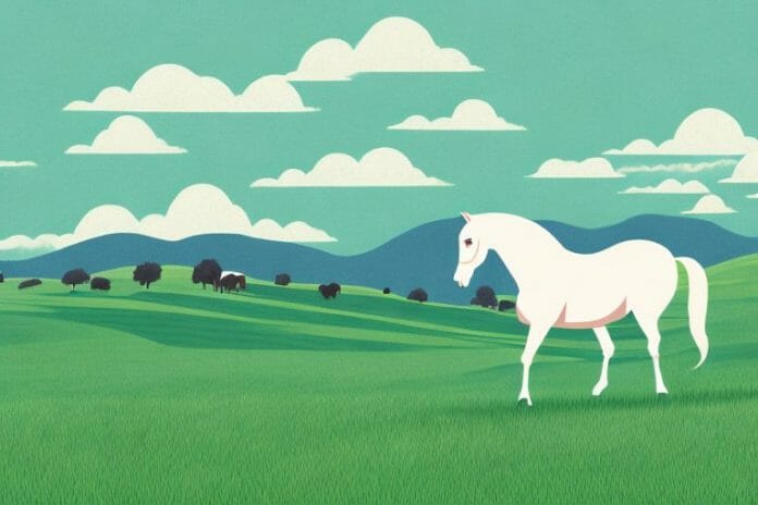 A horse in a field with rolling hills in the background