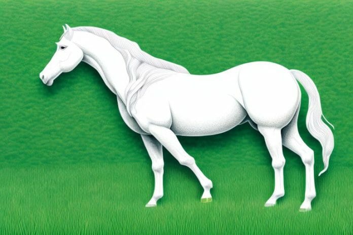 A white horse in a field of green grass in white river