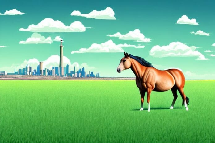 A horse standing in a field of grass with the upington skyline in the background