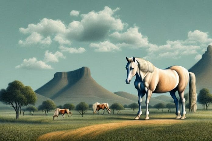 A cob horse in a rural south african landscape