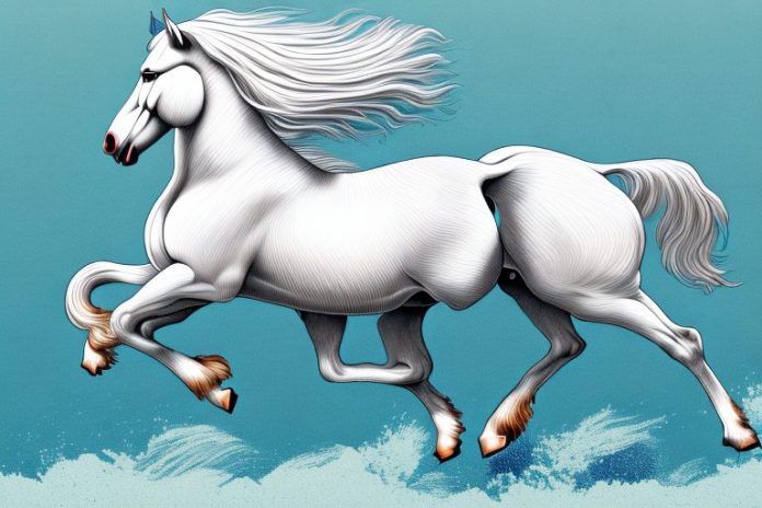 An american belgian draft horse galloping through a white river