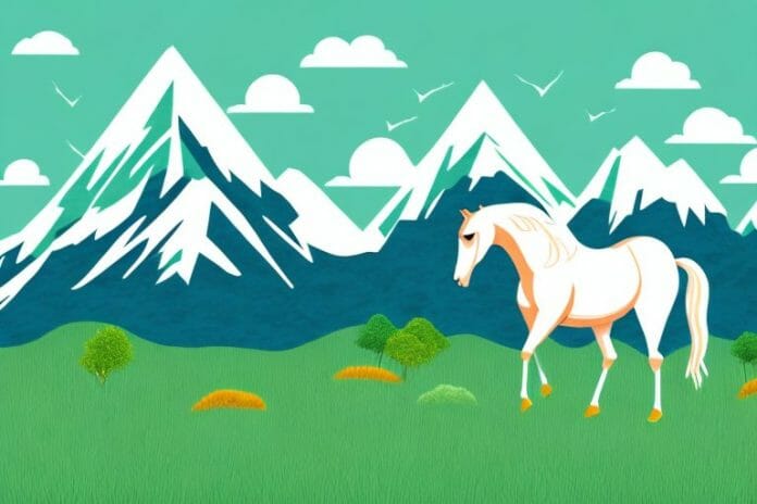 A horse in a grassy field with a mountain range in the background