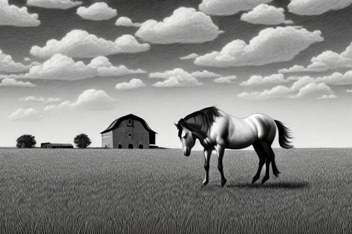 A horse in a field near a barn in mafikeng