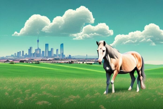 A horse in a field with the lichtenburg skyline in the background