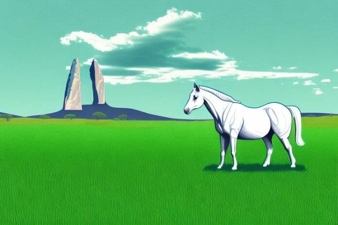 A horse standing in a field of green grass in mossel bay