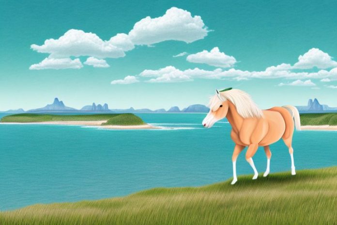 A haflinger horse in a scenic landscape with the richards bay coastline in the background