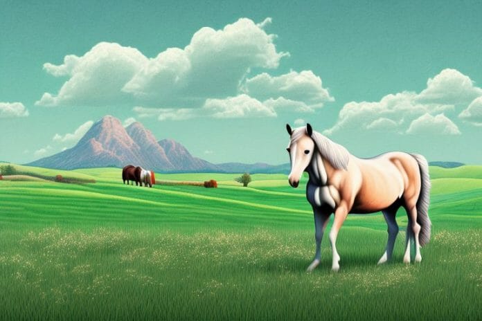 A horse in a field with a rural landscape in the background