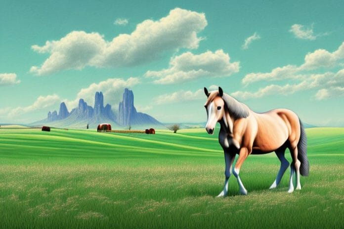 A horse in a field with a lichtenburg landscape in the background