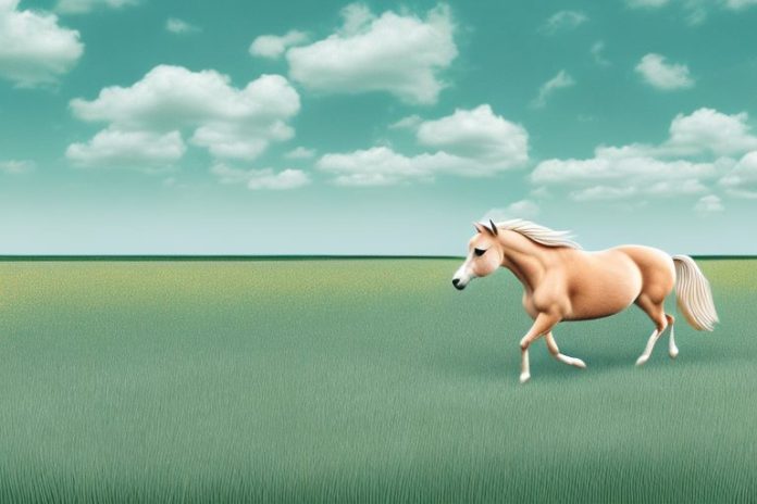 A haflinger horse galloping through a field with margate's coastline in the background