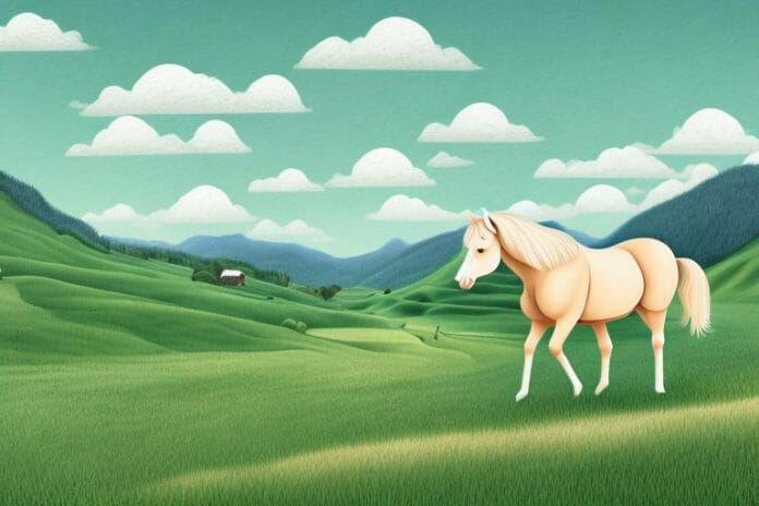 A haflinger horse in a rural landscape with rolling hills and a river in the background