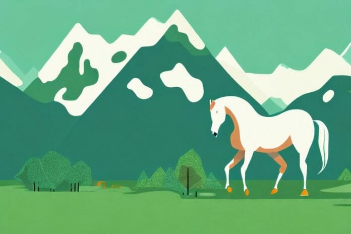 A fjord horse in a lush green landscape with mountains in the background