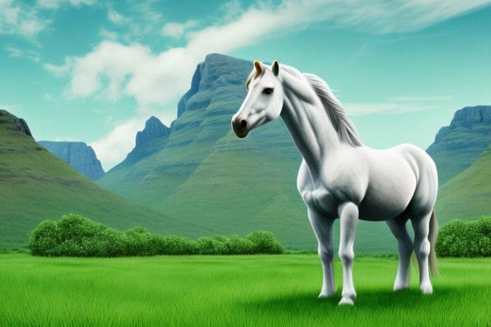 A fjord horse standing in a lush
