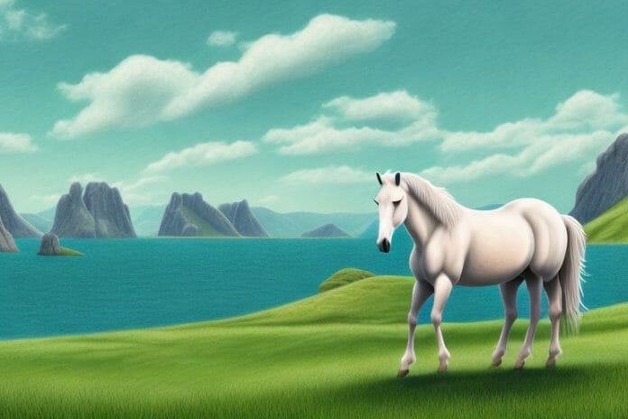 A fjord horse in a rural setting with rolling hills and a view of the ocean