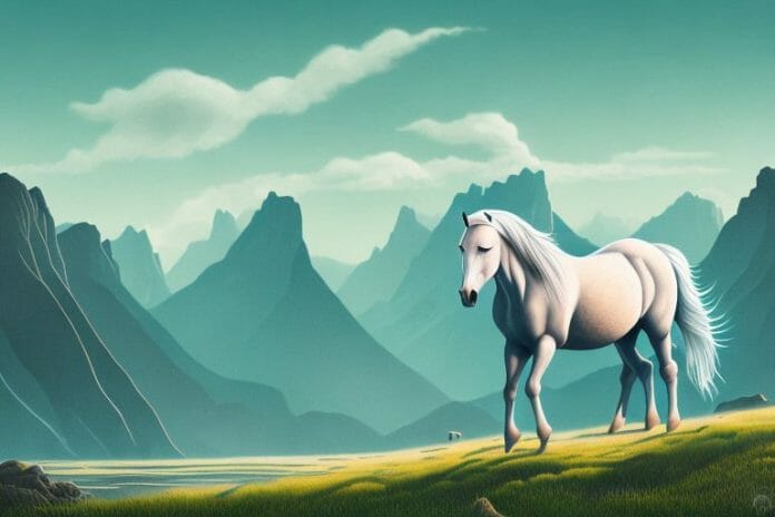 A fjord horse in a rural landscape with a backdrop of mountains