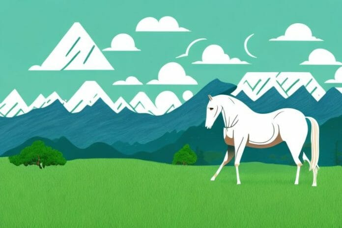 A horse standing in a grassy field with a mountainous landscape in the background