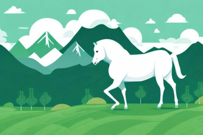 A white horse standing in a lush green fjord with mountains in the background