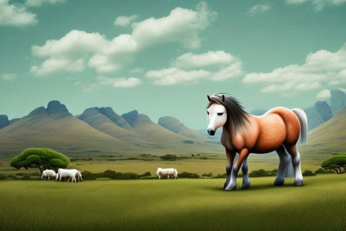 A connemara pony in a rural landscape in south africa