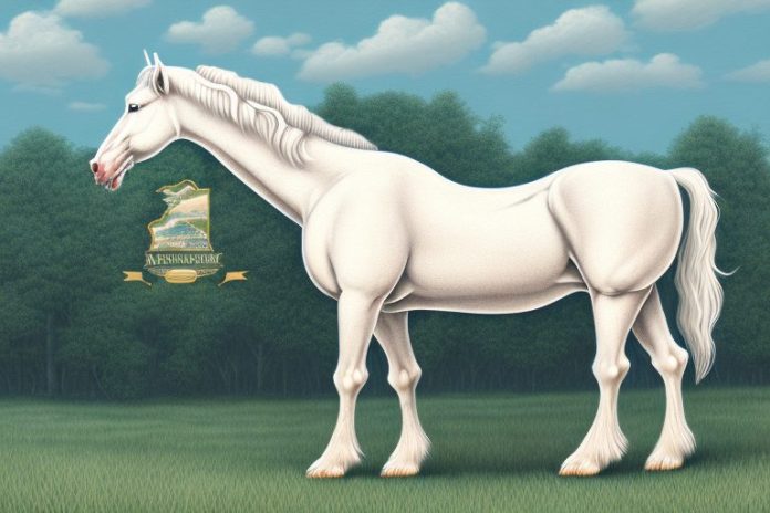 A majestic american cream draft horse in a rural setting in westville
