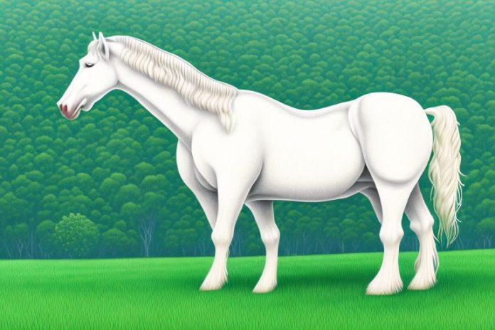 An american cream draft horse standing in a lush